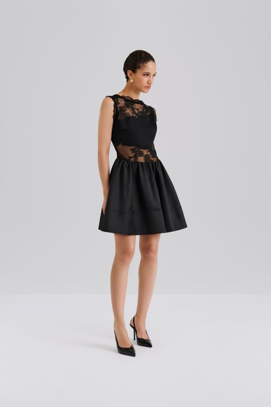 Rosy Lace Trimmed Cut Out Mini Dress Black 
