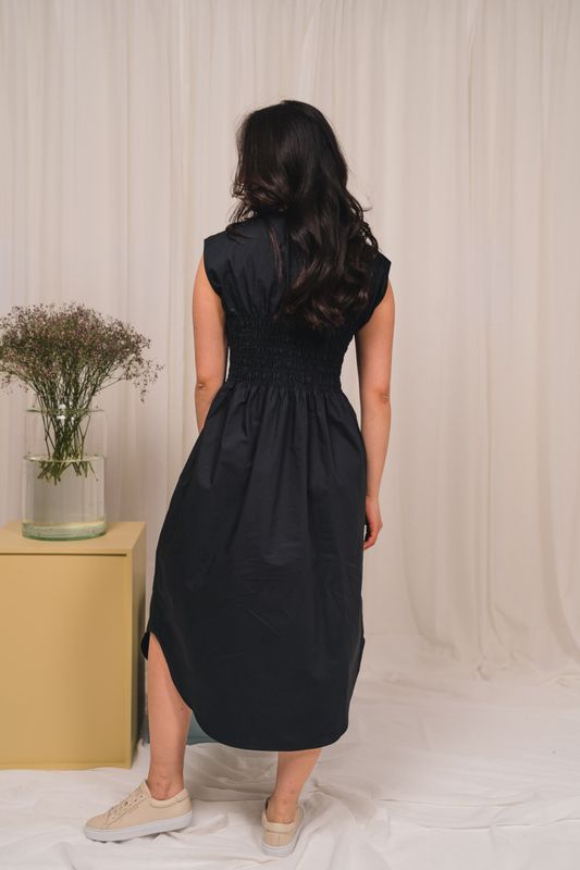 Poplin Smocked Sleeveless Dress Black 