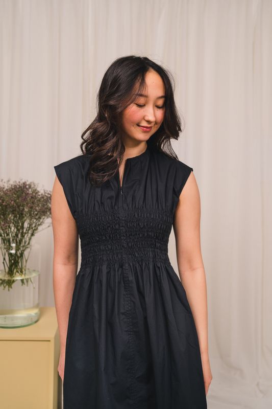 Poplin Smocked Sleeveless Dress Black 