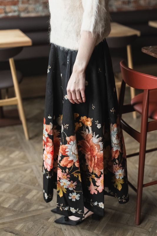 Taffeta Maxi Skirt Midnight Blossoms