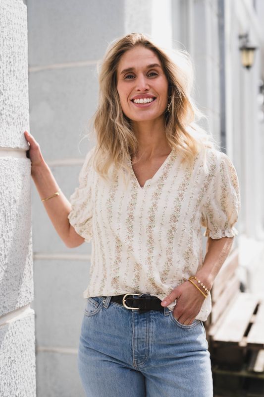 Odesa Floral Stripe Blouse Creme 