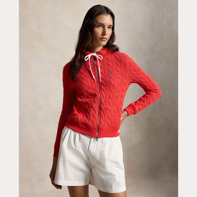Hovedbilde Cable Knit Cotton Full Zip Hoodie Bright Hibiscus ...