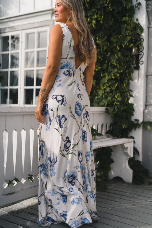 Thelma Open Back Satin Maxi Dress Tulip Blue 