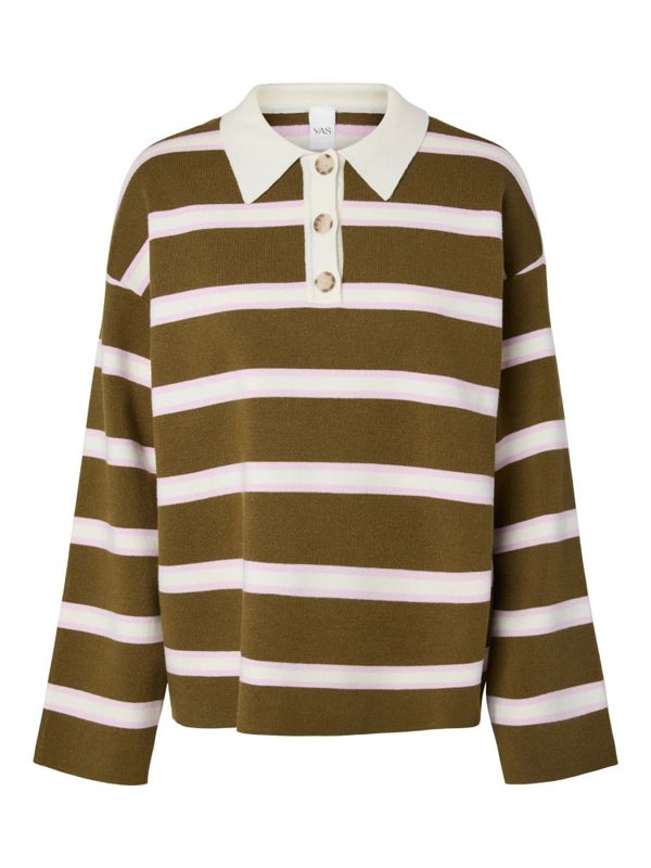 Isabell LS Polo Knit Pullover Fir Green W. Stripes