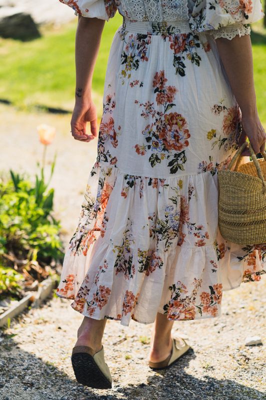 Cotton Slub Midi Dress Vintage Flowers 