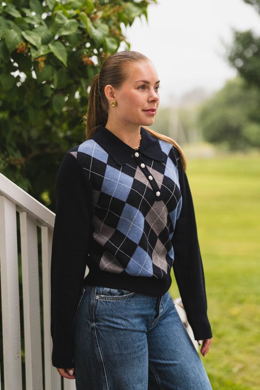 Julina Check Knit Blouse Navy 