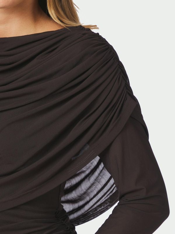 Lottuna Drapy Mesh Blouse Dark Brown 