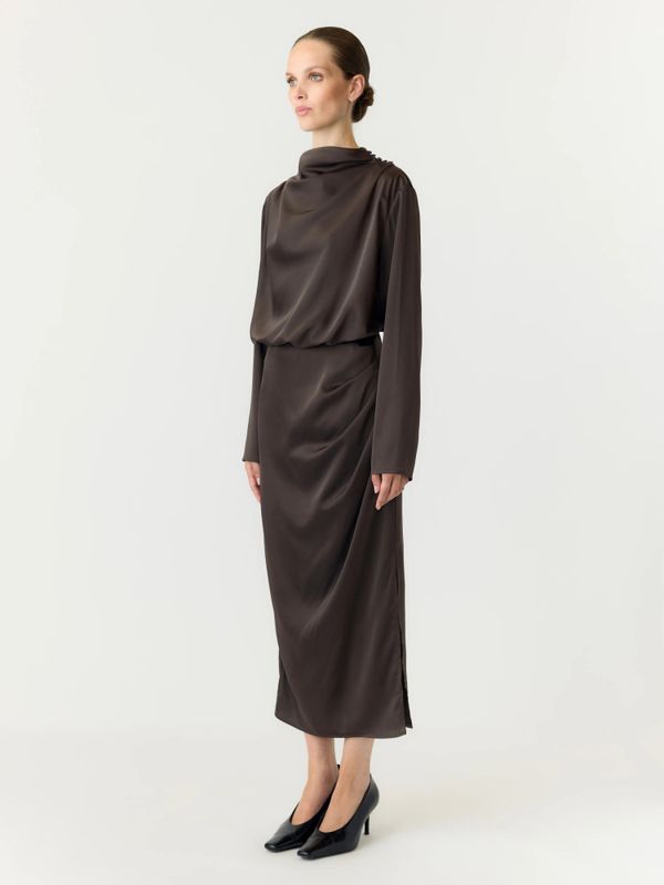 Pella LS Funnel Neck Long Dress Chocolate Brown 