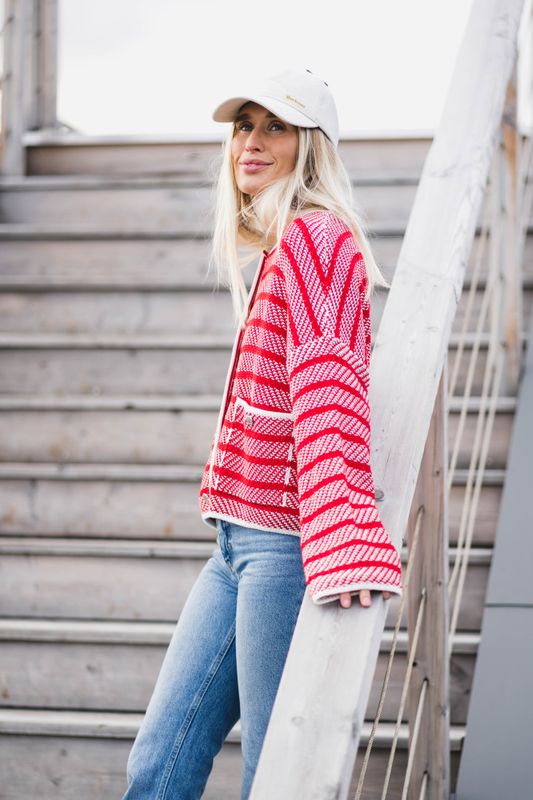 Polly Knitted Cardigan Poppy Red Stripe 