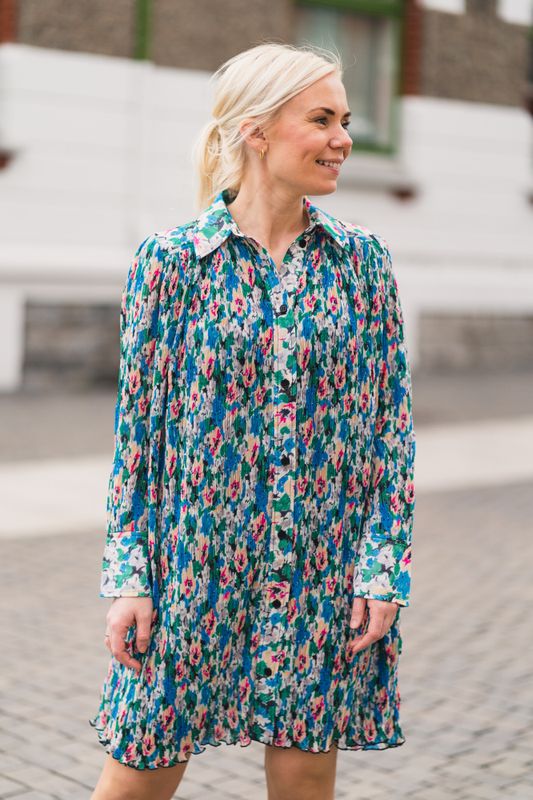 Pleated Georgette Mini Shirt Dress Floral Azure Blue 