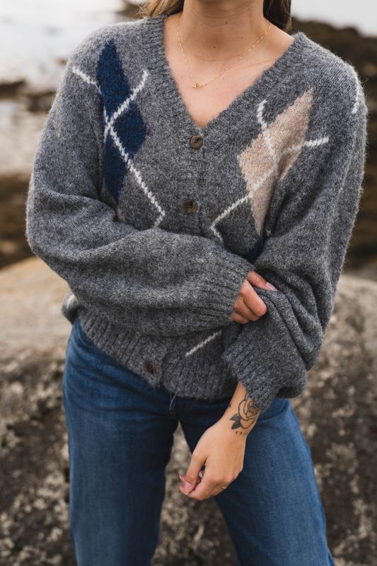 Beleney Small Check Fluff Cardigan Dark Grey 