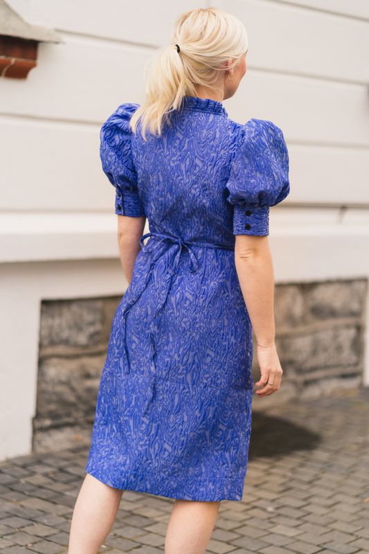 3D Jacquard Wrap Ruffle Dress Blue Iris