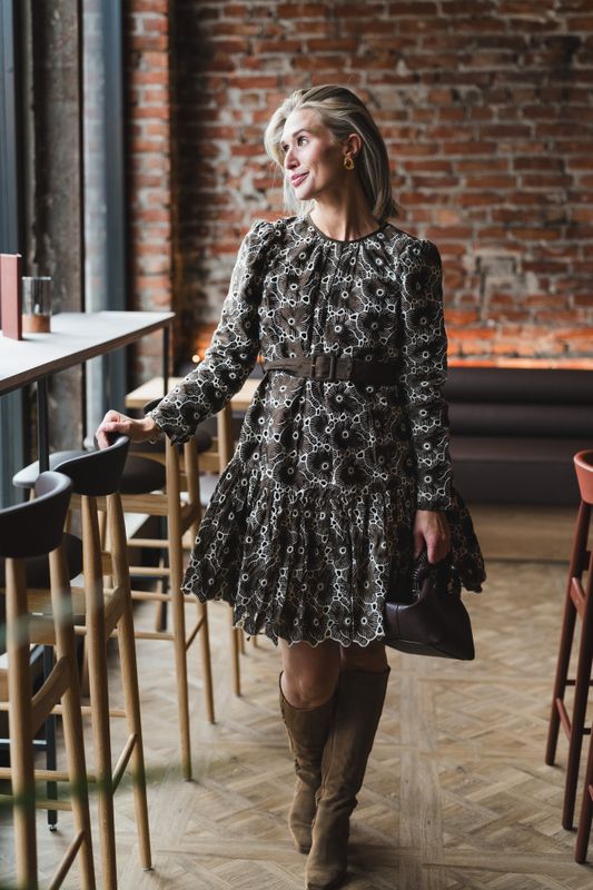 Embroidery Mini Dress Chocolate 