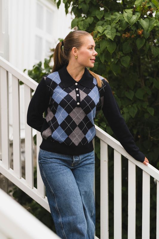 Julina Check Knit Blouse Navy 