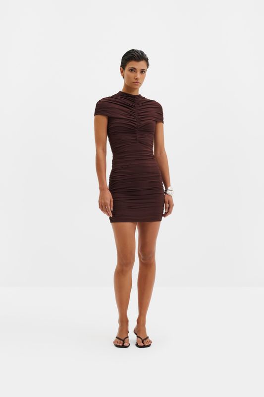 Loana Draped Chiffon Mini Dress Espresso 