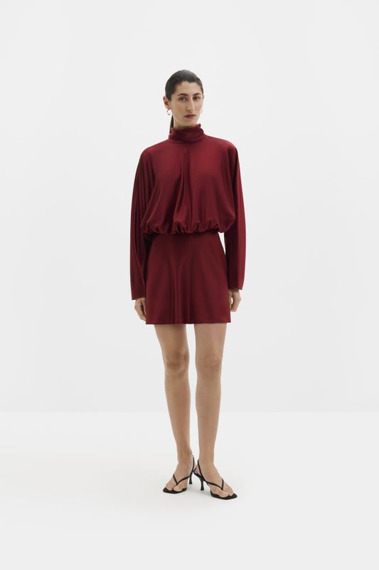 Vilja Satin Blouson Mini Dress Ruby 