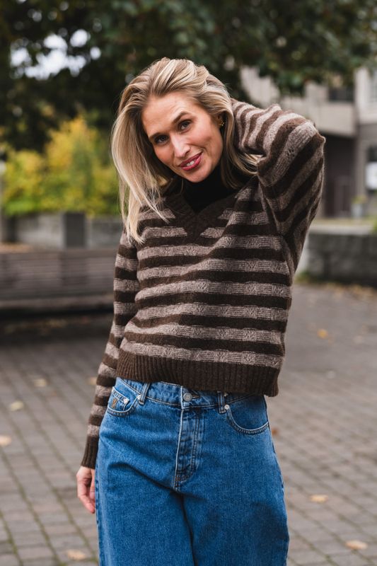 Maria Yak V-Neck Sweater Brown Stripe 