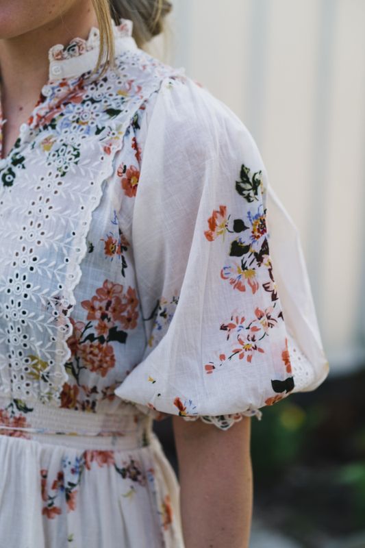Cotton Slub Midi Dress Vintage Flowers 