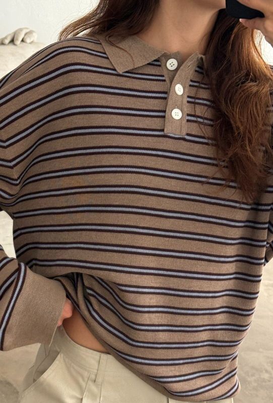 Adanne Polo Knit Stripe Beige/Bordeaux 