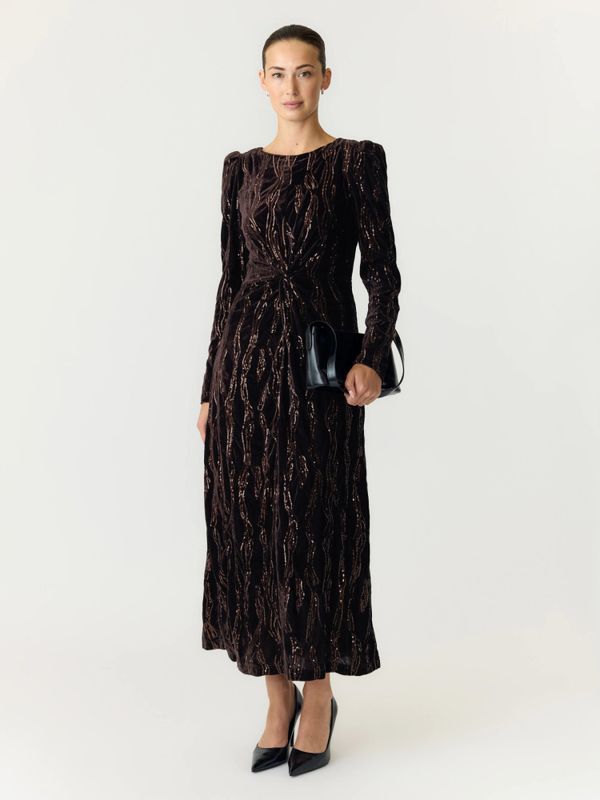 Hella LS Velour Midi Dress Black Rhinestones 
