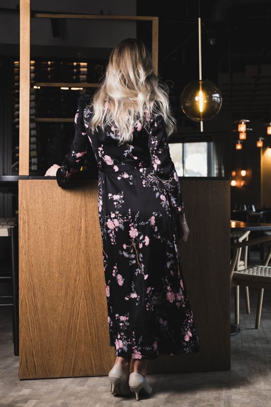 Satin Belt Dress Midnight Garden 