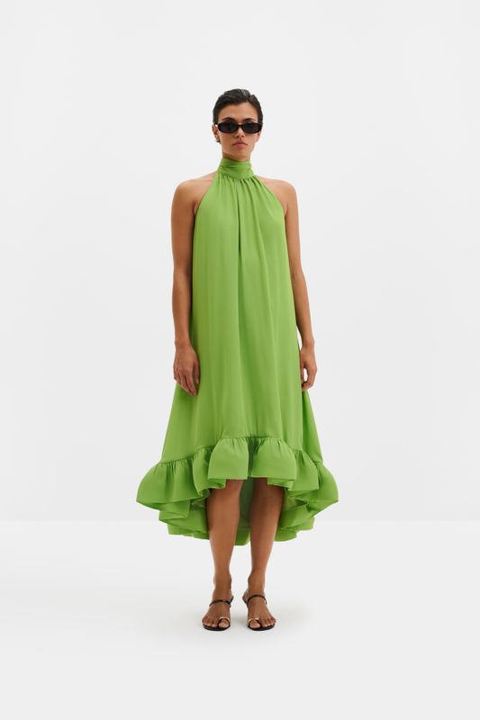 Sabrina Halterneck Ruffled Midi Dress Lime 