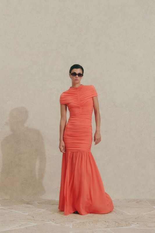 Loana Draped Chiffon Maxi Dress Coral 
