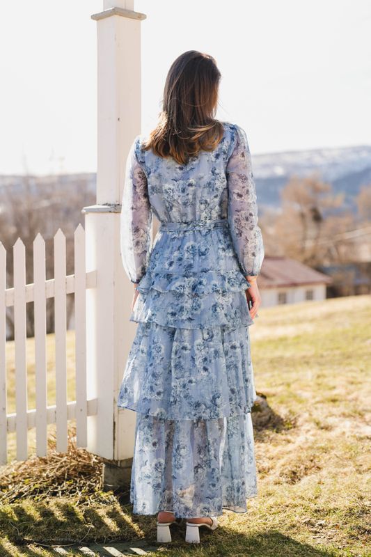 Denila Crepe Print Dress Dusty Blue 