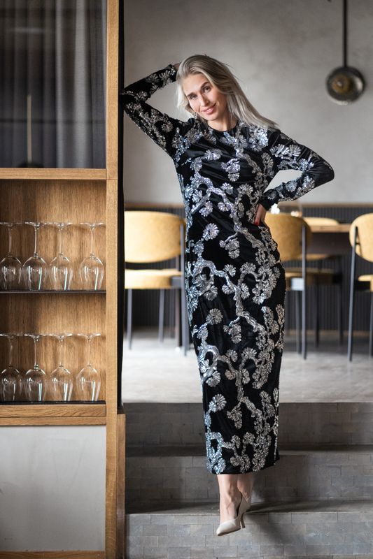 Florana LS Long Dress Black Silver Sequins