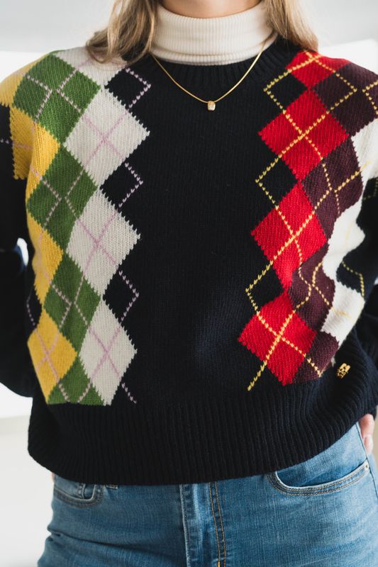 Chunky Wool Mix Argyle Knit Sky Captain 